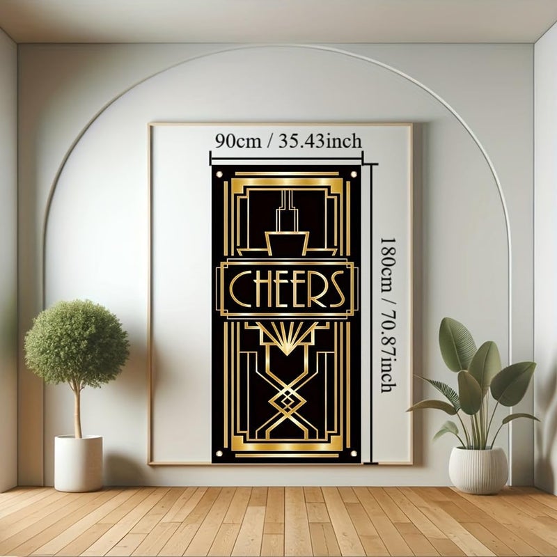TOMHONG Cheers Door Banner Black and Gold 71x35 Inch Art Deco Party Decoration for New Year Wedding Cocktail Birthday Event Indoor Outdoor Decor - Image 2